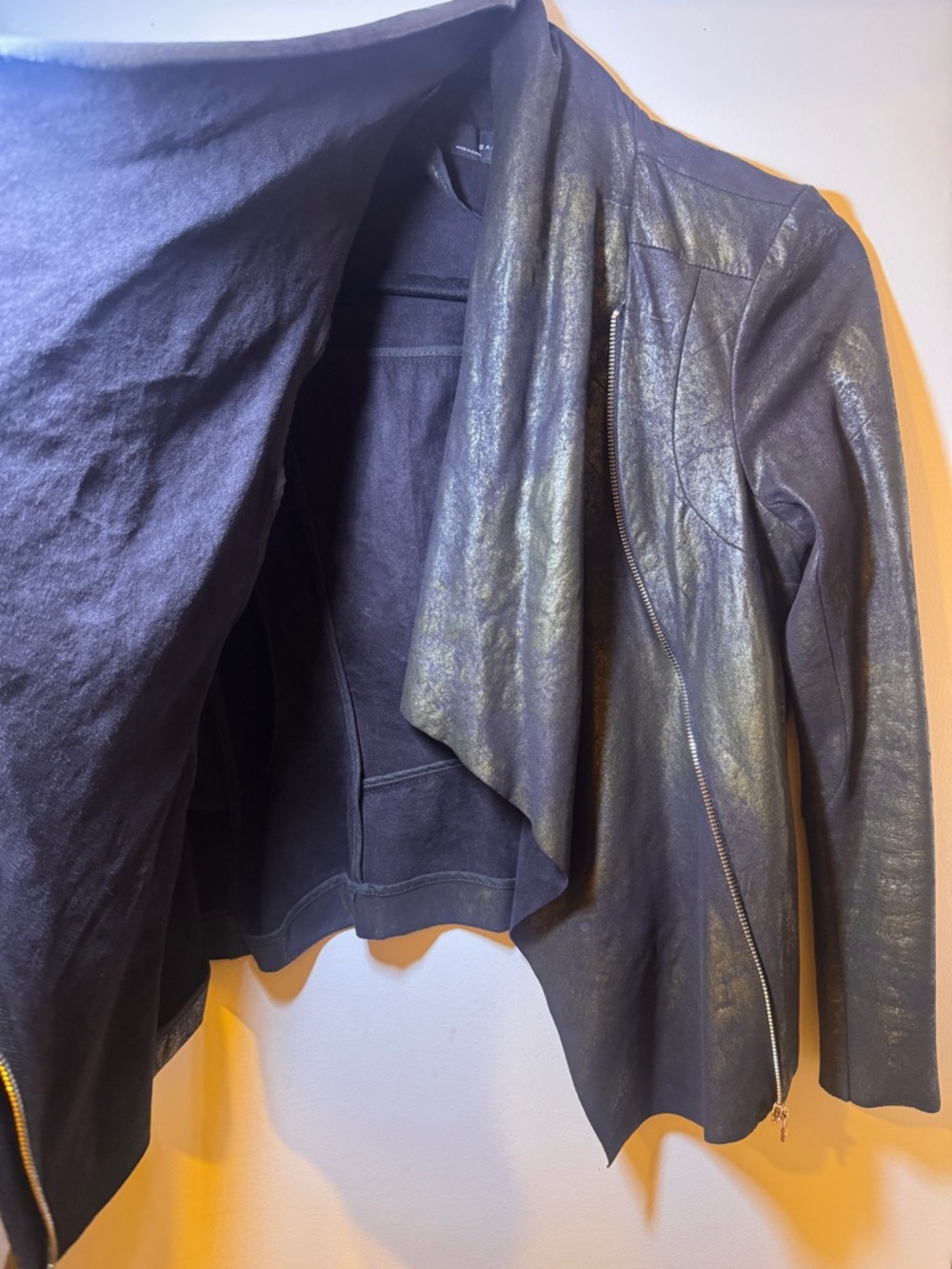 Zara Metallic Brown Draped Faux Leather Jacket - Picture 3 of 3
